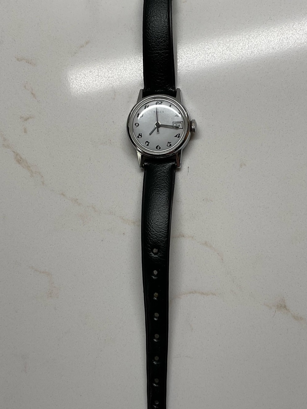 Timex Ladies Silver Case Manual Wind-up Analog Watch with Black Band. Works.